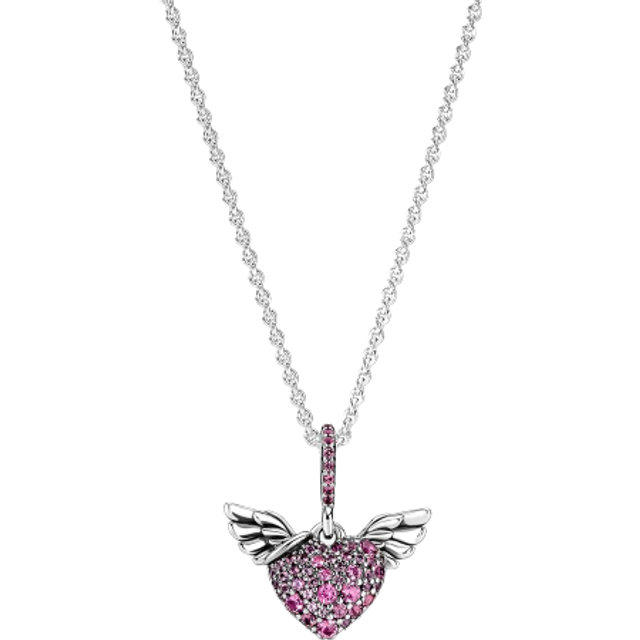 Pandora Pave Heart Angel Wings Necklace Silver Pink